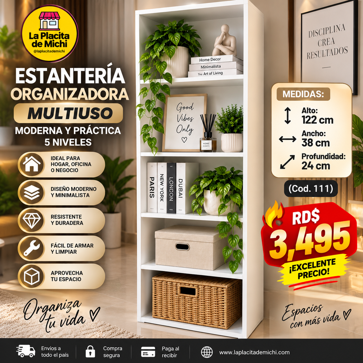 ✨🤍 ESTANTERÍA ORGANIZADORA MULTIUSO – MODERNA Y PRÁCTICA 5 NIVELES 🤍✨🆔 (Cod. 111) 

💰RD$3,495 

📏 Medidas:
38 × 24 × 122 cm