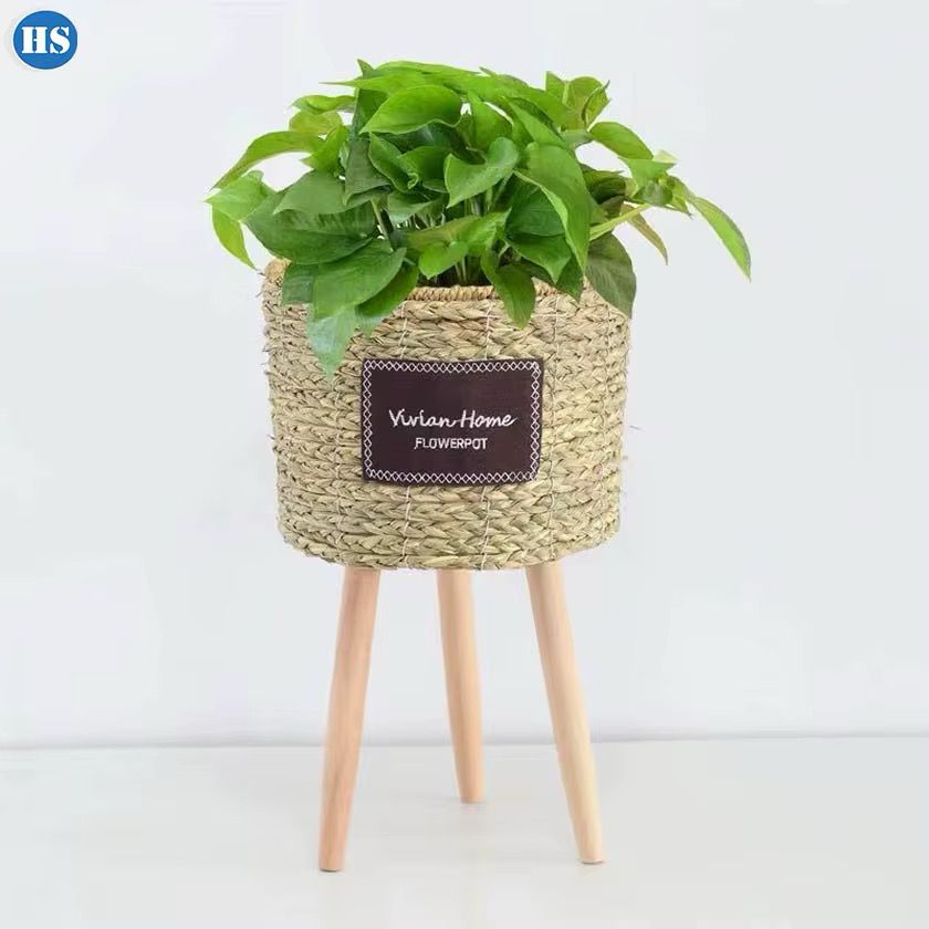 Juego de 3 cestas de plantas tejidas con patas de madera para decoración del hogar, contenedor fabuloso para plantadores, macetas ecológicas para plantas. (Cod.06-1)