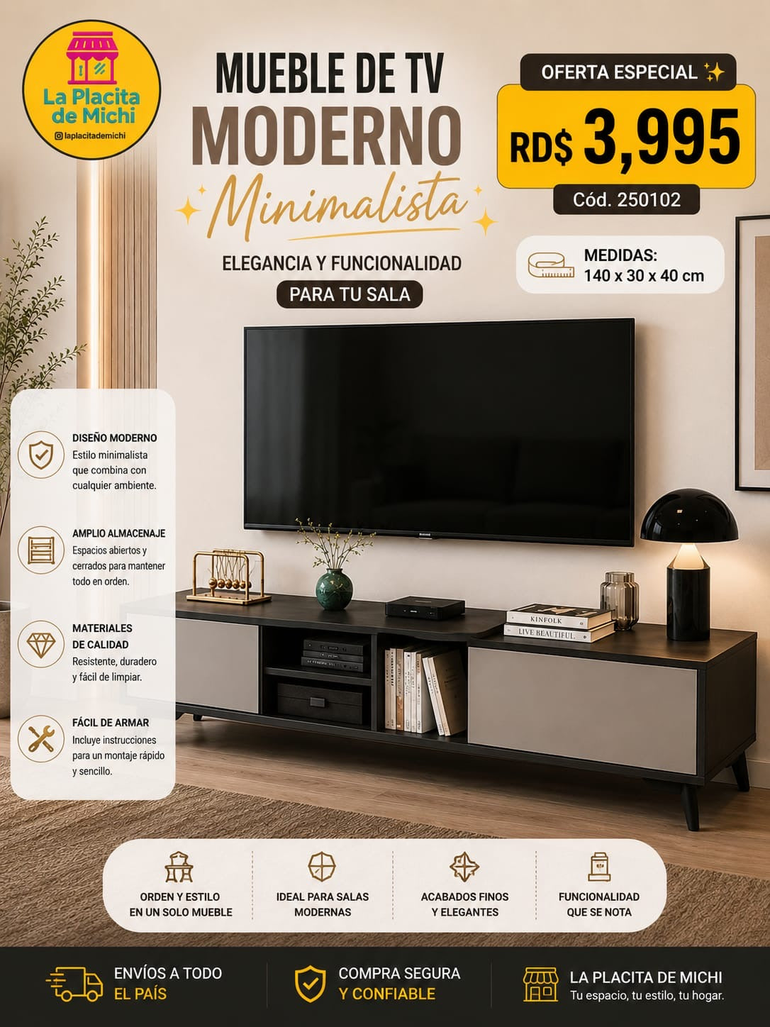 ✨📺 MUEBLE DE TV MODERNO MINIMALISTA – ELEGANCIA Y FUNCIONALIDAD PARA TU SALA ✨📺

🆔 Cod. 250102

💰RD$3,995 

📏 Medidas: 140 x 30 x 40 cm