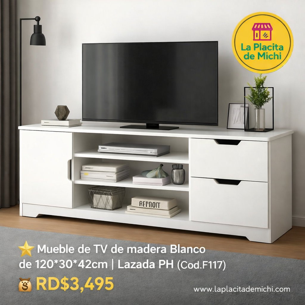 ⭐ Mueble de TV Moderno de Madera – Blanco
📏 120 × 30 × 42 cm | Cod. F117
💰 RD$3,495