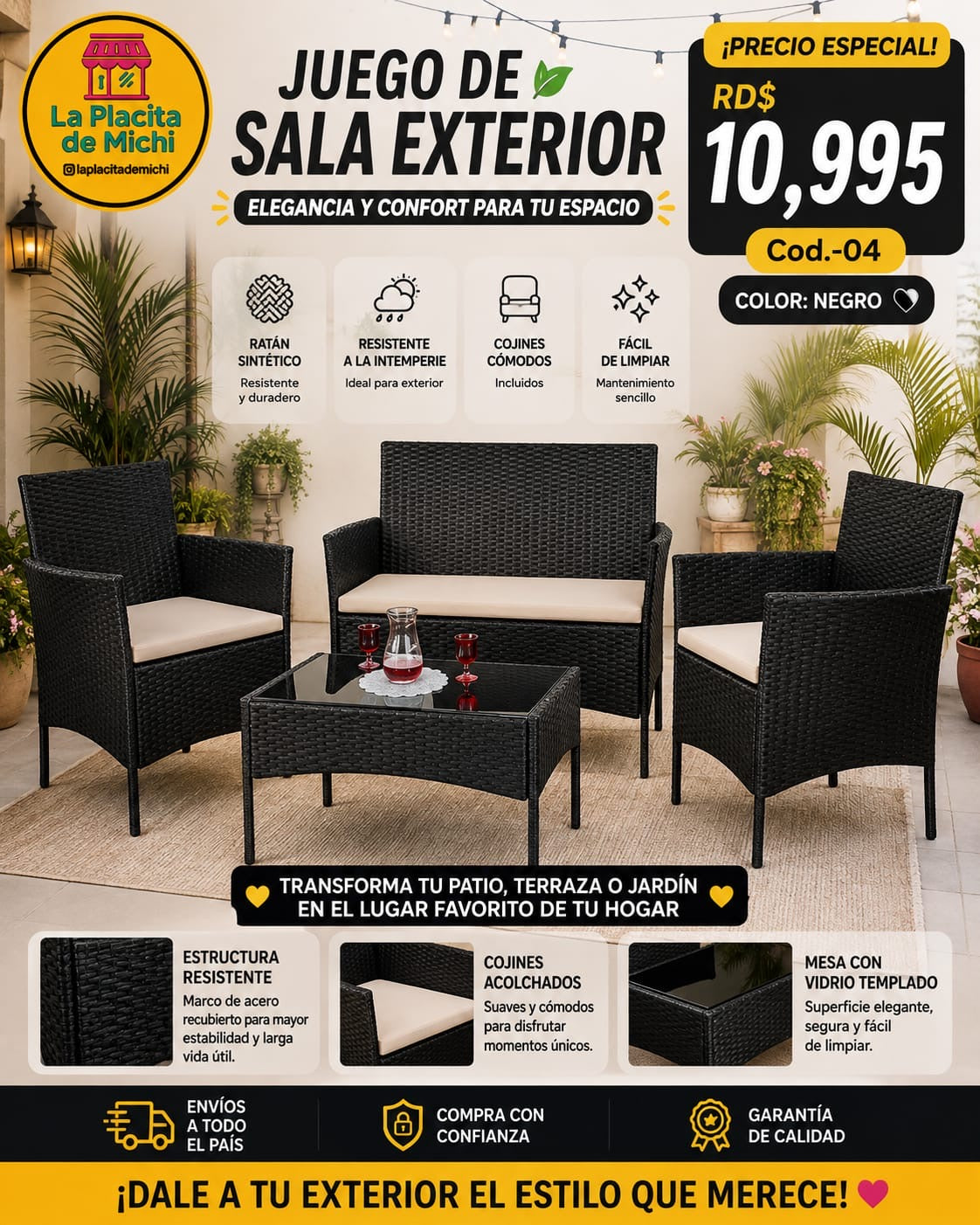 🛋️ Juego de Sala Exterior en Ratán Sintético – Elegancia y Confort para tu Espacio 🛋️ (Cod.-04) (*Color Negro* 

💰RD$10,995