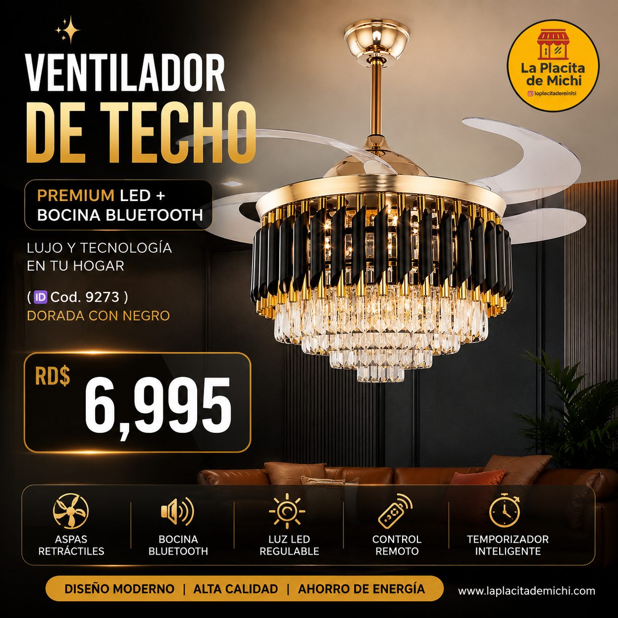 ✨💡 VENTILADOR DE TECHO PREMIUM LED + BOCINA BLUETOOTH – LUJO Y TECNOLOGÍA EN TU HOGAR 💡✨
(🆔 Cod. 9273 ) DORADA CON NEGRO

💰RD$6,995