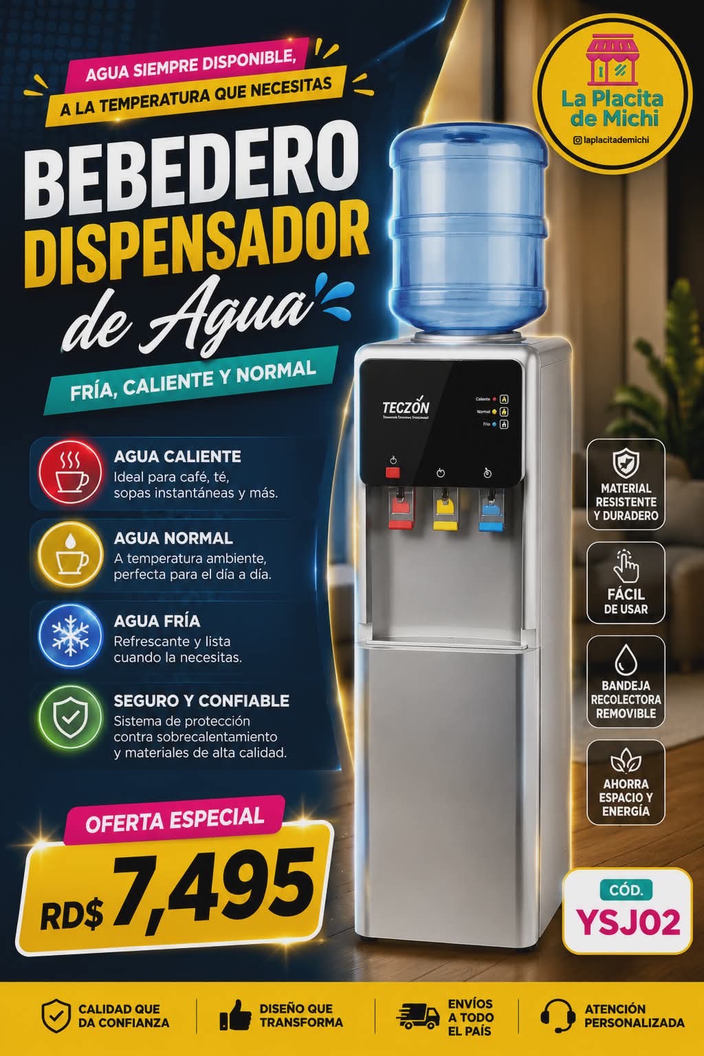 🚰✨ BEBEDERO DISPENSADOR DE AGUA – FRÍA, CALIENTE Y NORMAL ✨🚰 (Cod. YSJ02)

💰RD$7,495