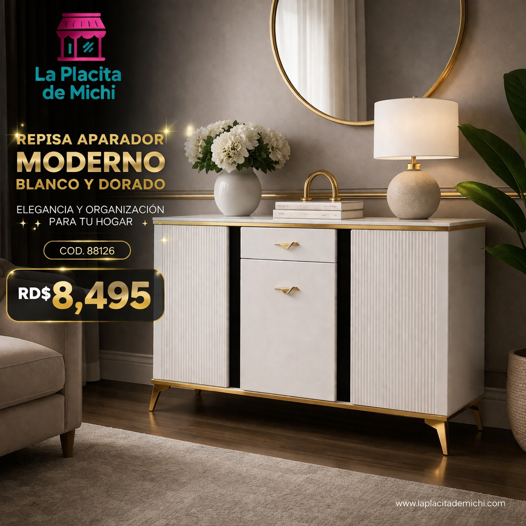 ✨ CREDENZA REPISA APARADOR MODERNO BLANCO Y DORADO – ELEGANCIA Y ORGANIZACIÓN PARA TU HOGAR ✨

📌 Cod. 88126)

💰RD$8,495