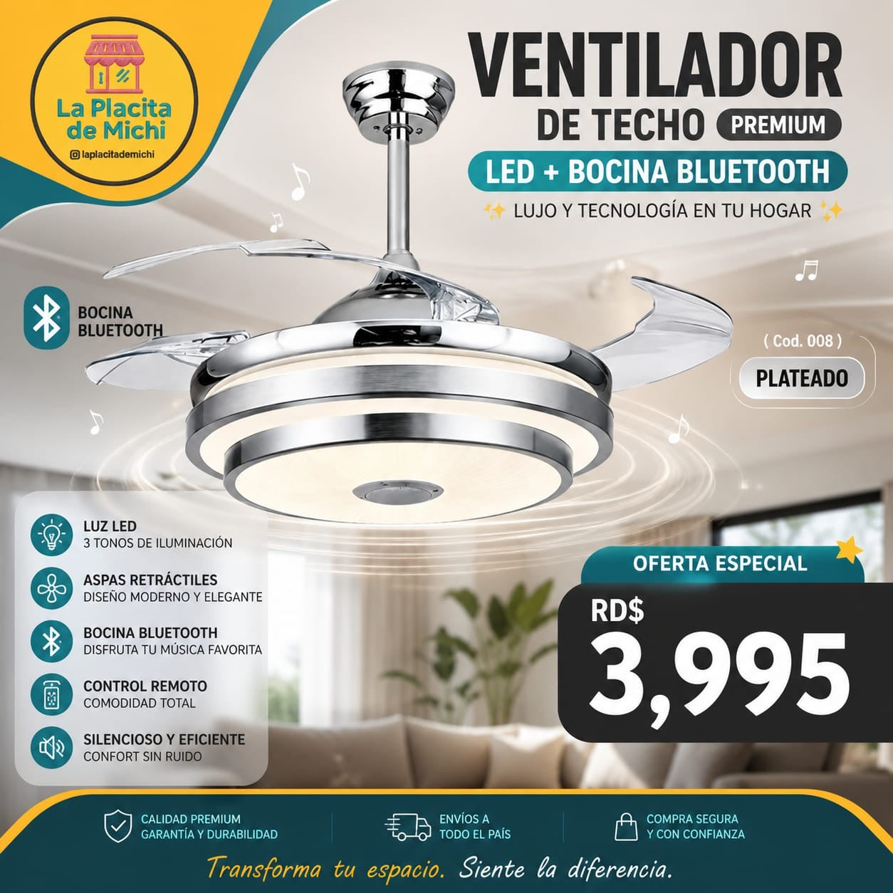 ✨💡 VENTILADOR DE TECHO PREMIUM LED + BOCINA BLUETOOTH – LUJO Y TECNOLOGÍA EN TU HOGAR 💡✨
(🆔 Cod. 008) PLATEADO

💰RD$3,995
