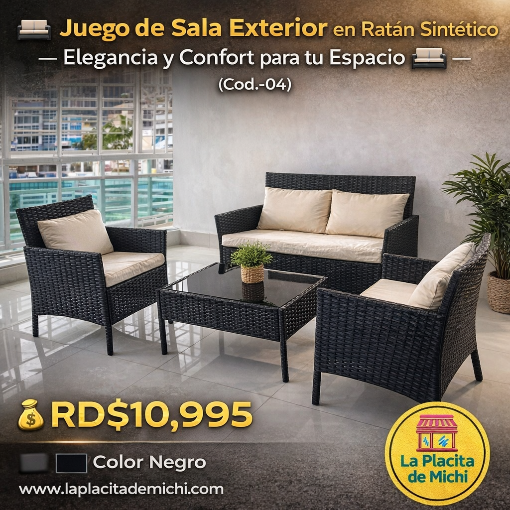 🛋️ Juego de Sala Exterior en Ratán Sintético – Elegancia y Confort para tu Espacio 🛋️ (Cod.-04) (*Color Negro* 

💰RD$10,995