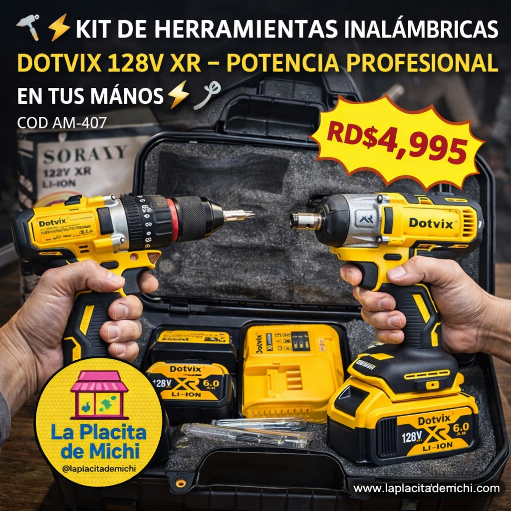 🔧⚡ KIT DE HERRAMIENTAS INALÁMBRICAS DOTVIX 128V XR – POTENCIA PROFESIONAL EN TUS MANOS ⚡🔧
COD AM-407

💰RD$4,995