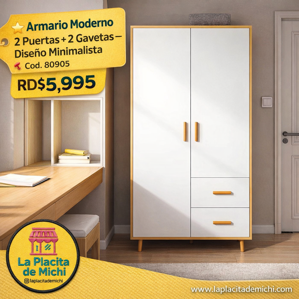 ⭐ Armario Moderno 2 Puertas + 2 Gavetas – Diseño Minimalista
📌 Cod. 80905

💰 RD$5,995

📏 Dimensiones: 180 × 80 × 45 cm