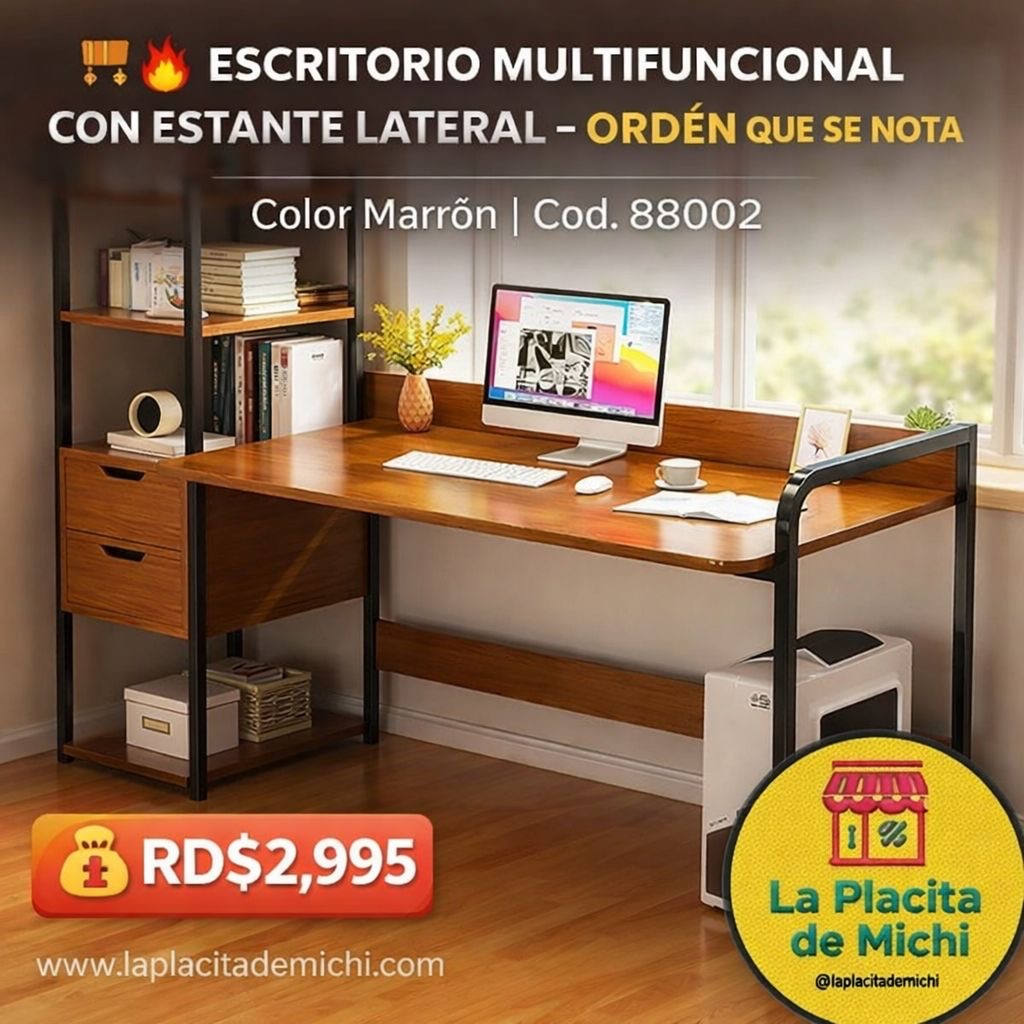 🪑🔥 ESCRITORIO MULTIFUNCIONAL CON ESTANTE LATERAL – ORDEN QUE SE NOTA 🔥🪑
Color Marrón | Cod. 88002

💰 RD$2,995