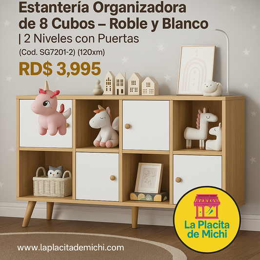 🪵 Estantería Organizadora de 8 Cubos – Roble y Blanco | 2 Niveles con Puertas
(Cod. SG7201-2) (120xm) 
💰RD$3,995