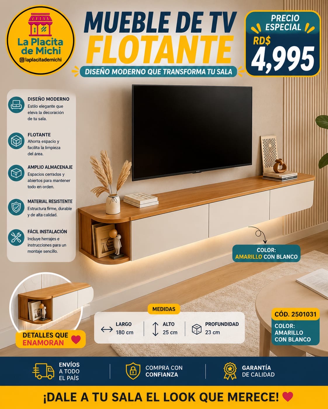 📺✨ MUEBLE DE TV FLOTANTE 180 CM – DISEÑO MODERNO QUE TRANSFORMA TU SALA ✨📺
🆔 Cod. 2501031
🎨 Color: Amarillo con Blanco 

💰 RD$4,995