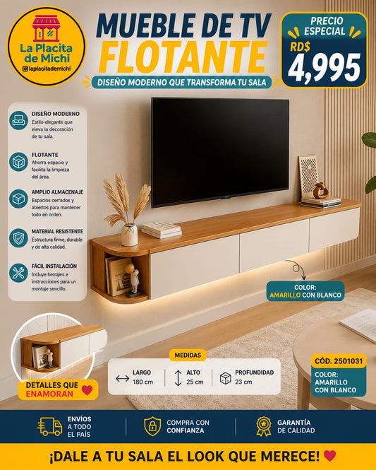 📺✨ MUEBLE DE TV FLOTANTE 180 CM – DISEÑO MODERNO QUE TRANSFORMA TU SALA ✨📺
🆔 Cod. 2501031
🎨 Color: Amarillo con Blanco 

💰 RD$4,995