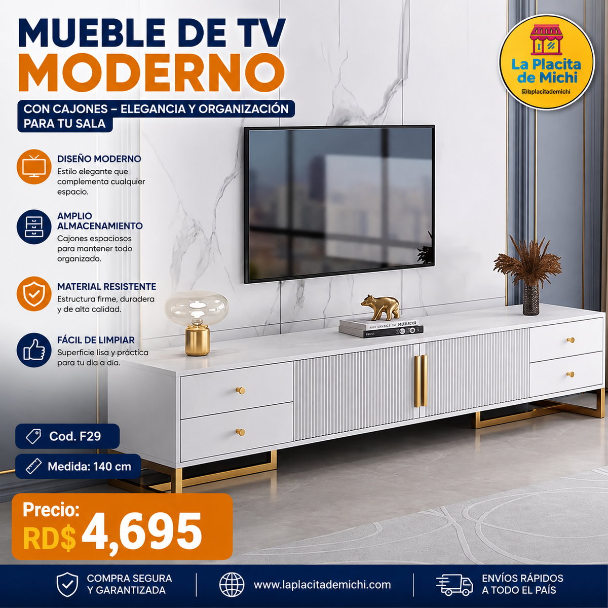 📺✨ MUEBLE DE TV MODERNO CON CAJONES – ELEGANCIA Y ORGANIZACIÓN PARA TU SALA ✨📺
🆔 Cod. F29
📏 Medida: 140 cm

💰 Precio: RD$4,695