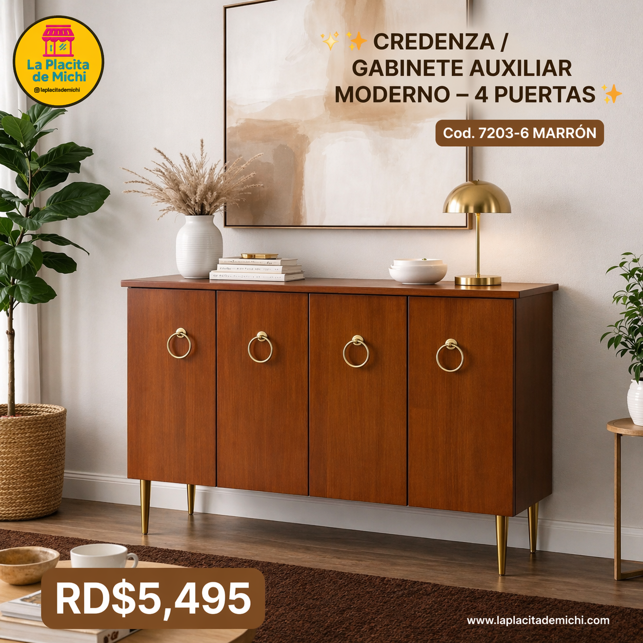 ✨ CREDENZA / GABINETE AUXILIAR MODERNO – 4 PUERTAS ✨ (Cod. 7203-6 MARRÓN)

💰RD$5,495