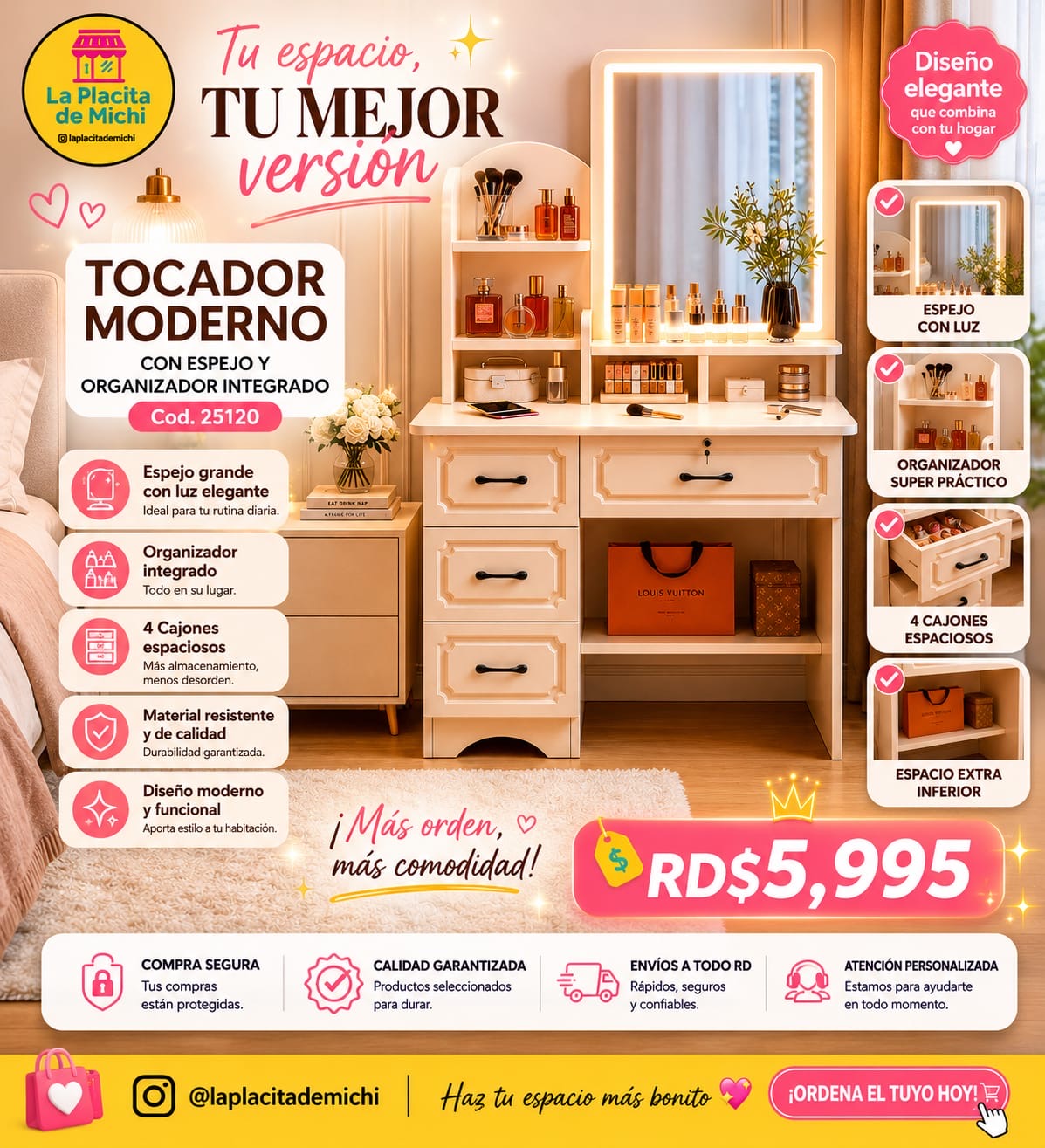 ✨🪞 TOCADOR MODERNO CON ESPEJO Y ORGANIZADOR INTEGRADO ✨🪞
🆔 (Cod. 25120)

💰RD$5,995 

📏 Medidas: 128 x 80 x 40 cm