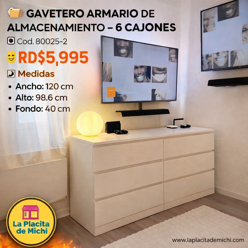 🧺 GAVETERO ARMARIO DE ALMACENAMIENTO – 6 CAJONES | BLANCO 🆔 Cod. 80025-2

💰 RD$5,995

📐 Medidas 
• Ancho: 120 cm
• Alto: 98.6 cm
• Fondo: 40 cm