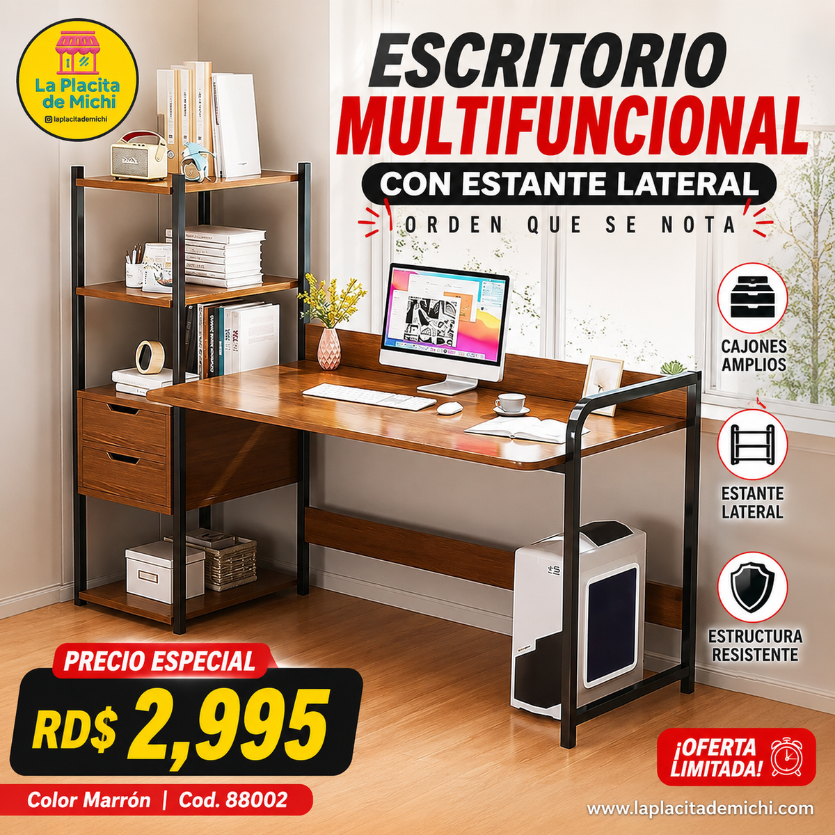 🪑🔥 ESCRITORIO MULTIFUNCIONAL CON ESTANTE LATERAL – ORDEN QUE SE NOTA 🔥🪑
Color Marrón | Cod. 88002

💰 RD$2,995