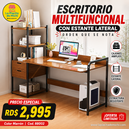 🪑🔥 ESCRITORIO MULTIFUNCIONAL CON ESTANTE LATERAL – ORDEN QUE SE NOTA 🔥🪑
Color Marrón | Cod. 88002

💰 RD$2,995