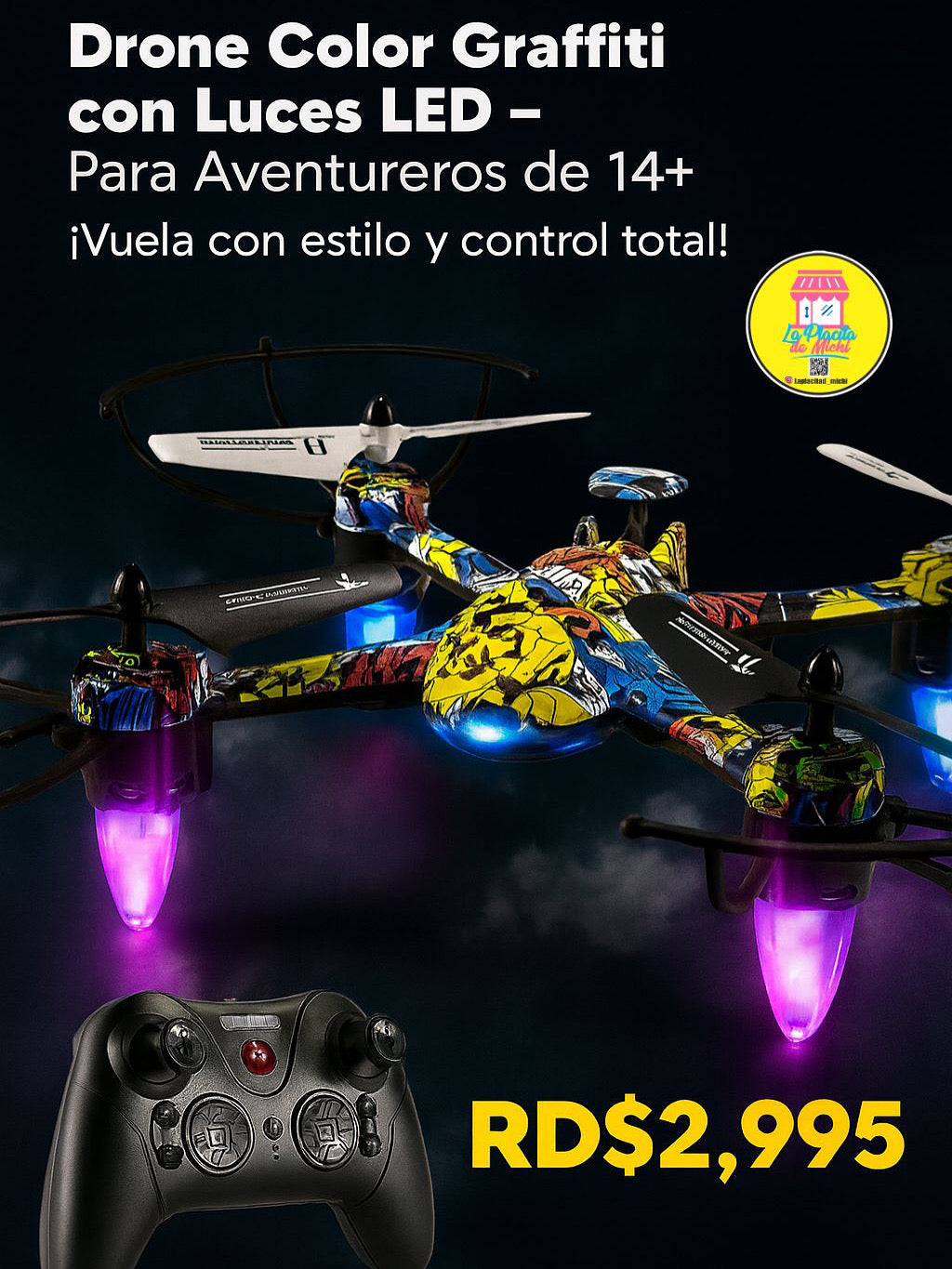 🚁 Drone Color Graffiti con Luces LED – Para Aventureros de 14+ (Cod.H236)
¡Vuela con estilo y control total!