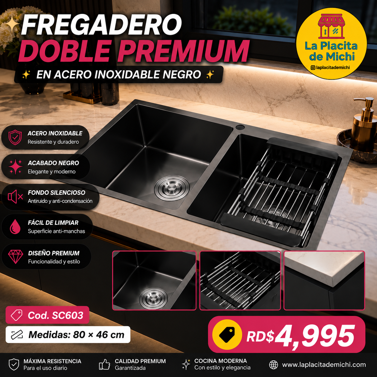 ✨ FREGADERO DOBLE PREMIUM EN ACERO INOXIDABLE NEGRO ✨

📌 Cod. SC603

📏 Medidas: 80 × 46 cm

💰 RD$4,995