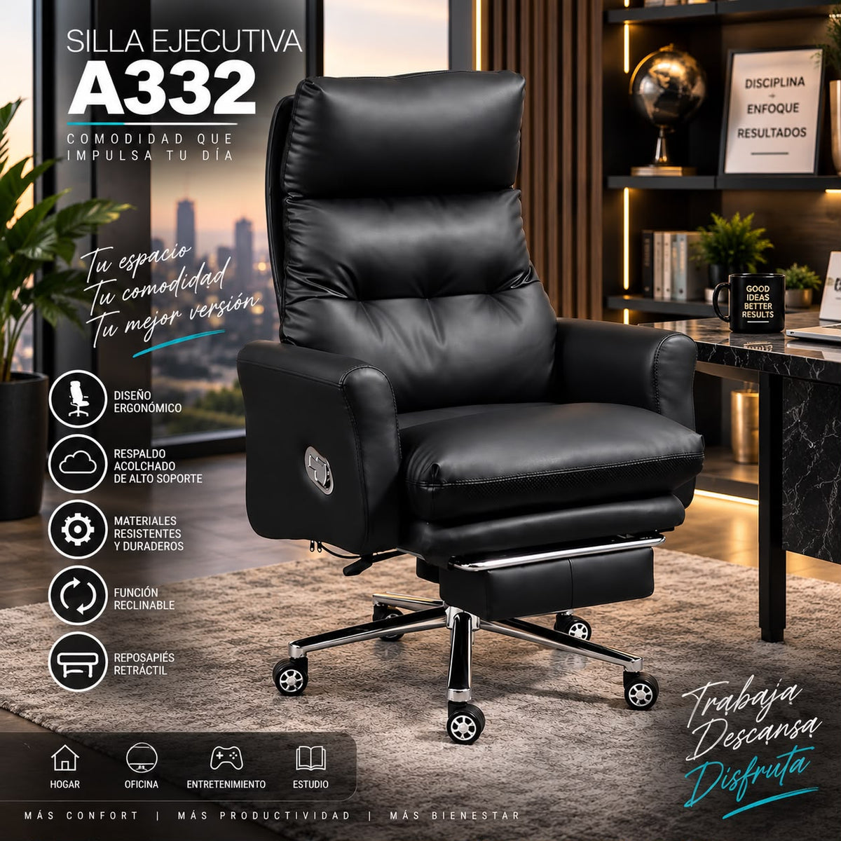 🖤 SILLÓN EJECUTIVO RECLINABLE Y REPOSA PIES – CONFORT QUE CAMBIA TU FORMA DE TRABAJAR
 (🆔COD. A332)

💰RD$18,990