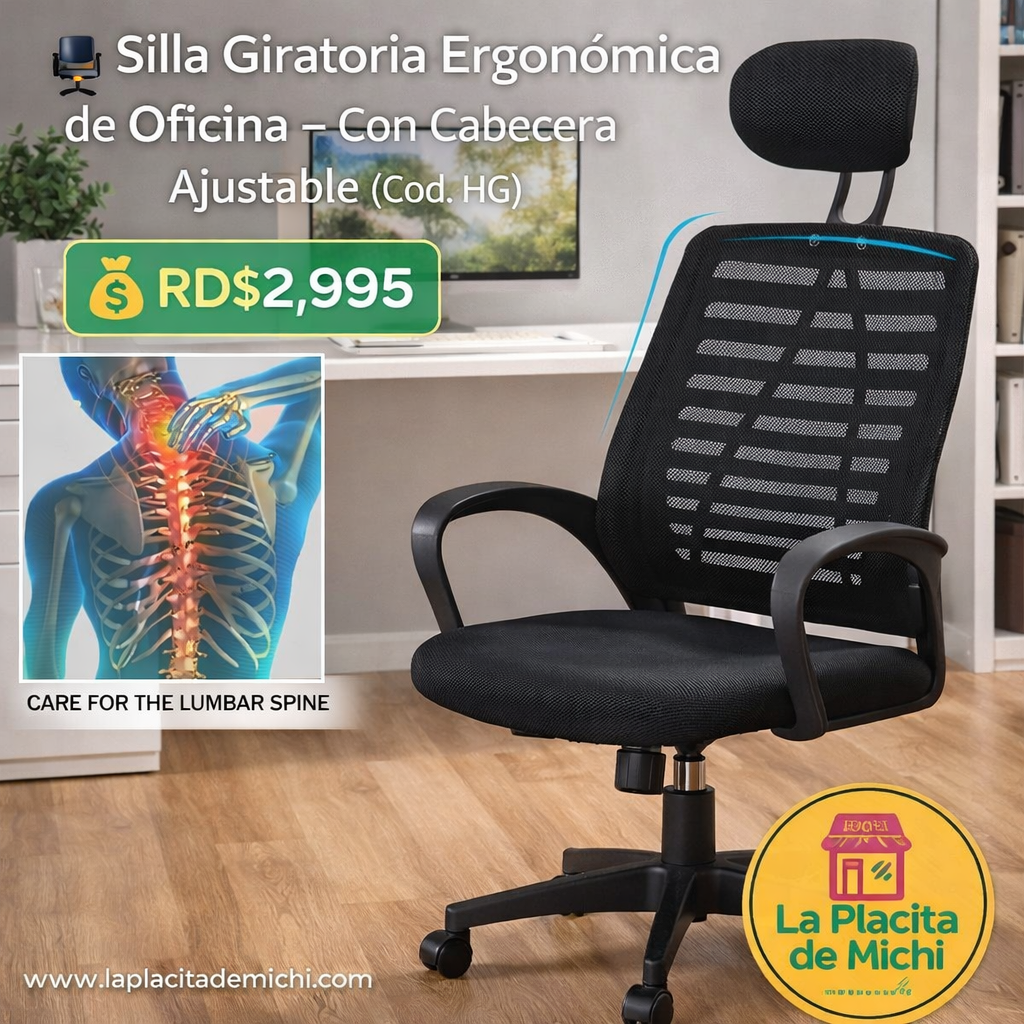 🪑 Silla Giratoria Ergonómica de Oficina – Con Cabecera Ajustable (Cod. HG)

💰RD$2,995