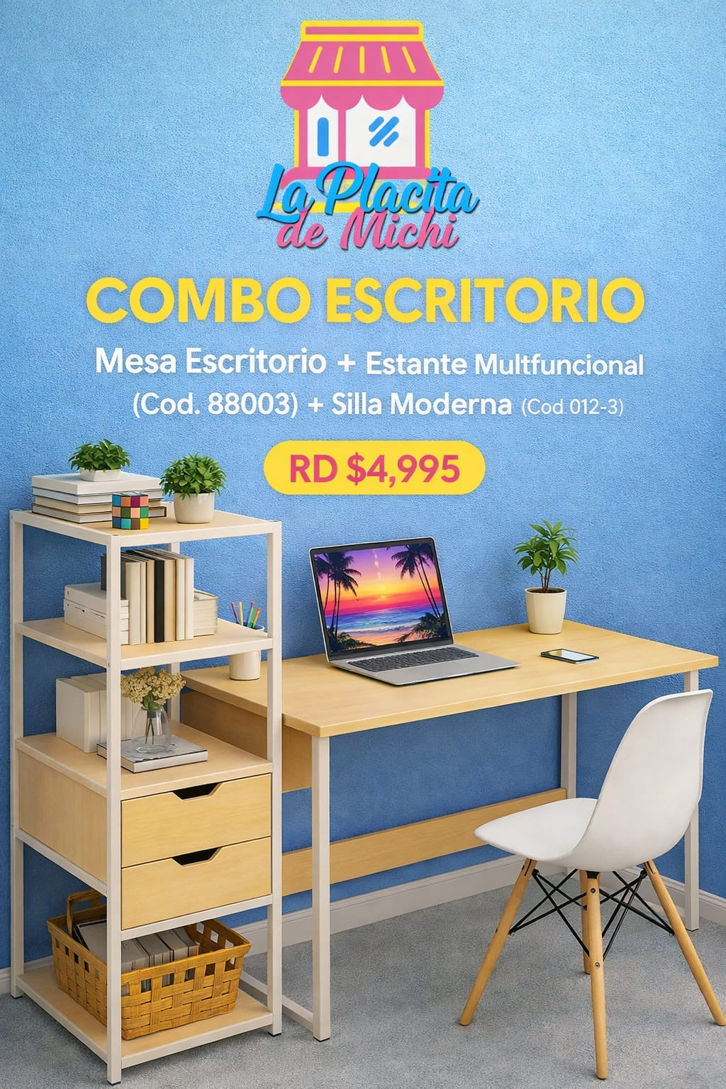 Combo de Mesa Escritorio + Estante Multifuncional
(Cod. 88003) + * Silla Moderna (Cod.012-3)
💰RD $4,995