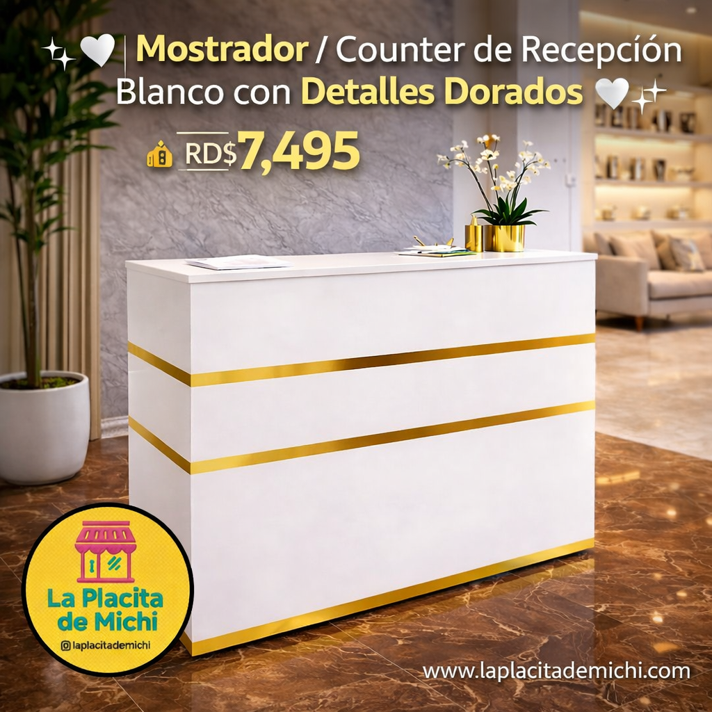 ✨🤍 Mostrador / Counter de Recepción Blanco con Detalles Dorados 🤍✨
(Cod.1)

💰RD$7,495