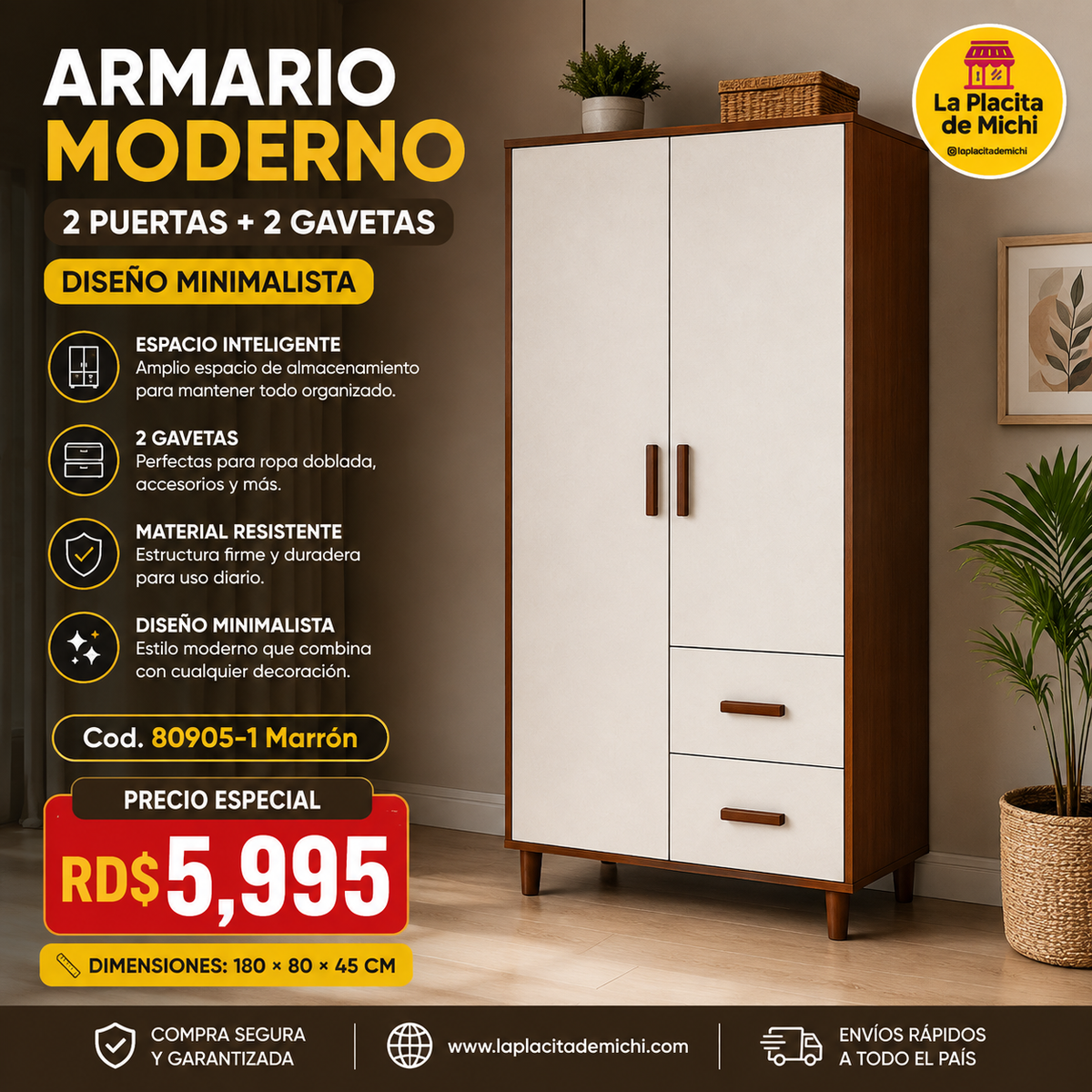 ⭐ Armario Moderno 2 Puertas + 2 Gavetas – Diseño Minimalista
📌 Cod. 80905-1 Marrón 

💰 RD$5,995

📏 Dimensiones: 180 × 80 × 45 cm