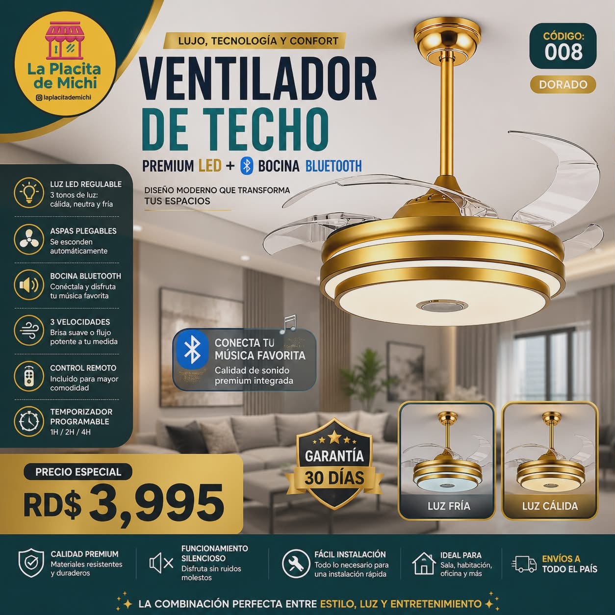 ✨💡 VENTILADOR DE TECHO PREMIUM LED + BOCINA BLUETOOTH – LUJO Y TECNOLOGÍA EN TU HOGAR 💡✨
(🆔 Cod. 008) Dorado 

💰RD$3,995