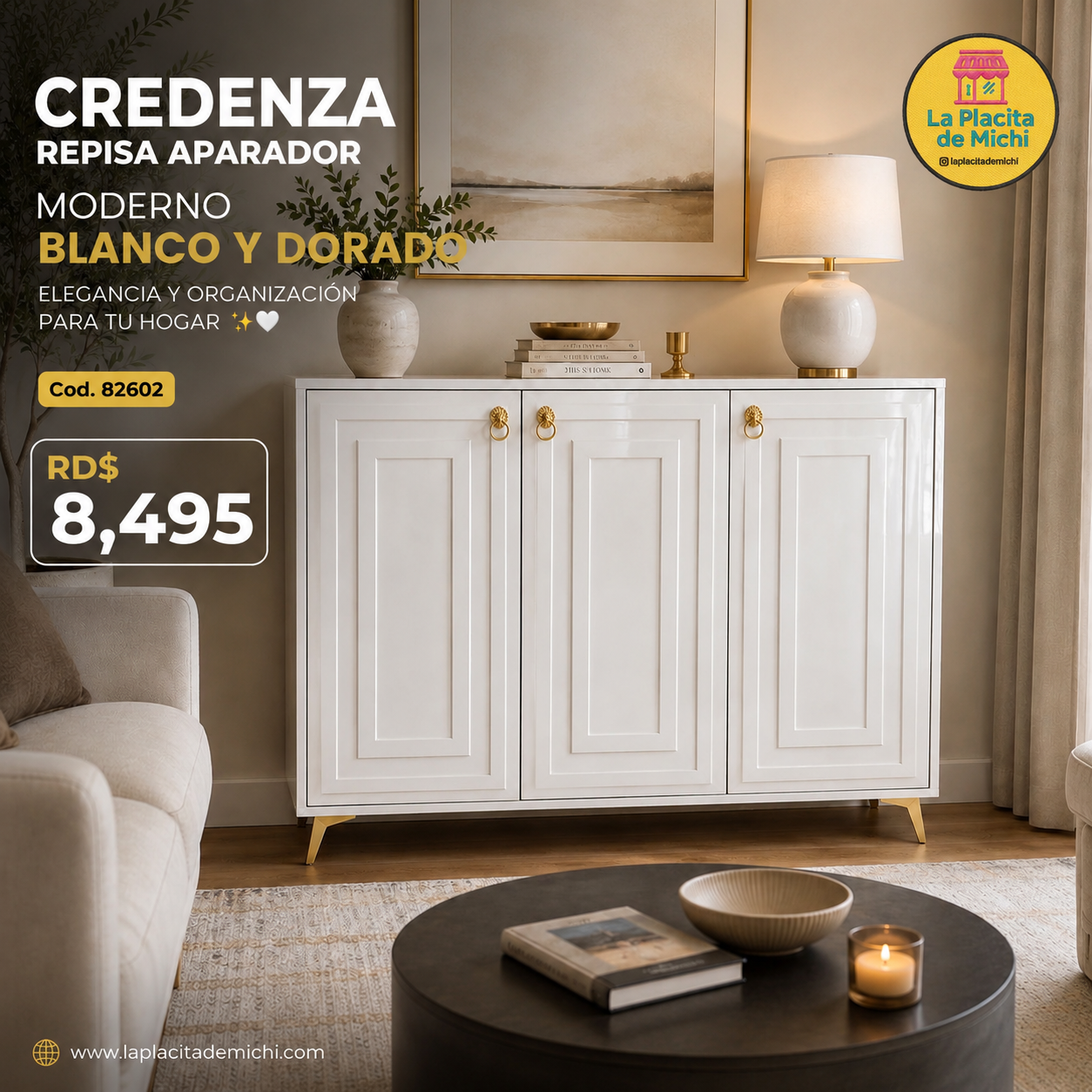 ✨🤍 CREDENZA REPISA APARADOR MODERNO BLANCO Y DORADO – ELEGANCIA Y ORGANIZACIÓN PARA TU HOGAR ✨

📌 Cod. 82602)

💰RD$8,495