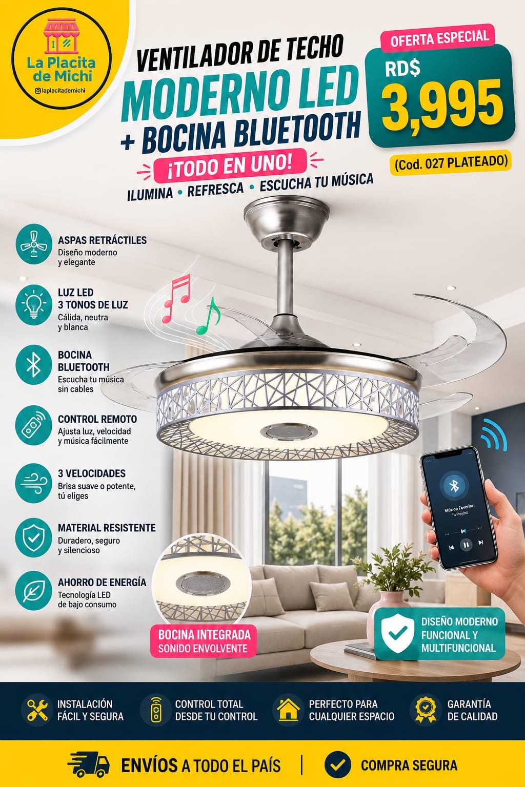 ✨💡 VENTILADOR DE TECHO MODERNO LED + BOCINA BLUETOOTH – TODO EN UNO 💡✨
📌 (Cod. 027 PLATEADO)

💰RD$3,995