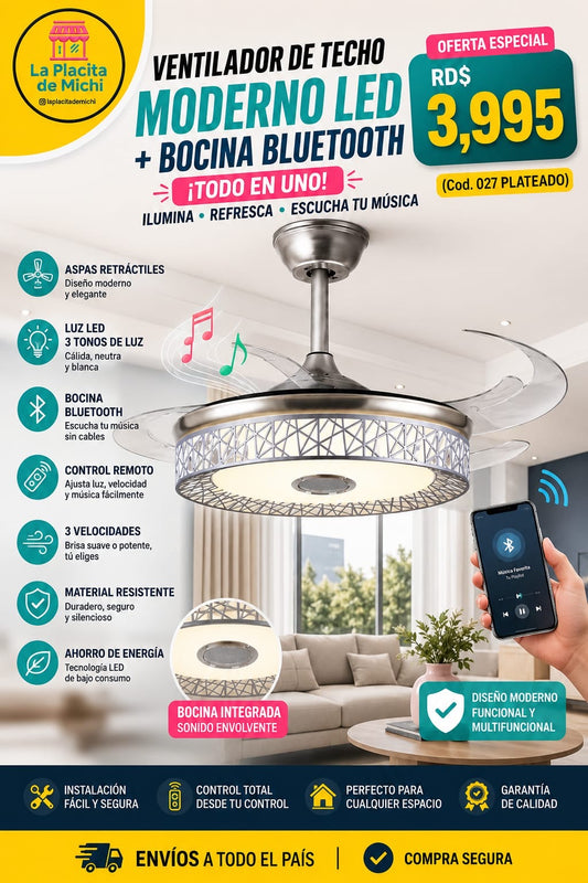 ✨💡 VENTILADOR DE TECHO MODERNO LED + BOCINA BLUETOOTH – TODO EN UNO 💡✨
📌 (Cod. 027 PLATEADO)

💰RD$3,995