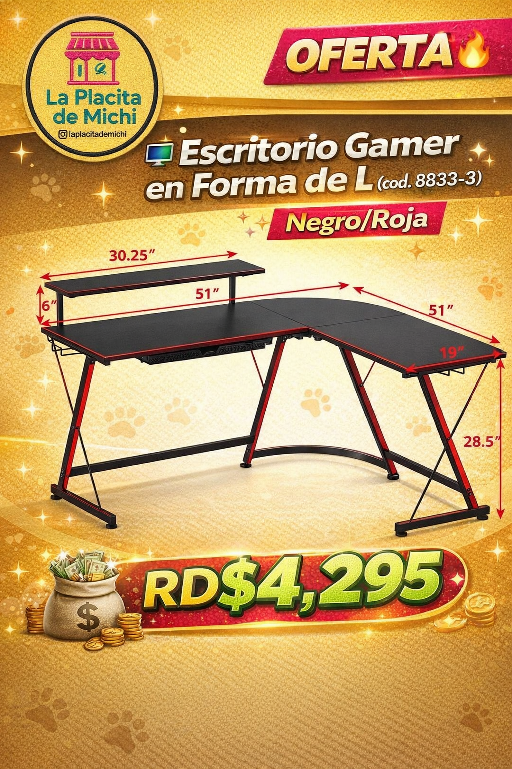 🎮🔥 MESA ESCRITORIO GAMER EN L – MÁS ESPACIO, MÁS CONTROL, MÁS NIVEL 🔥🎮
🆔 Cod. 88333-3
🎨 Color: Negro/Rojo

💰 Precio: RD$4,295