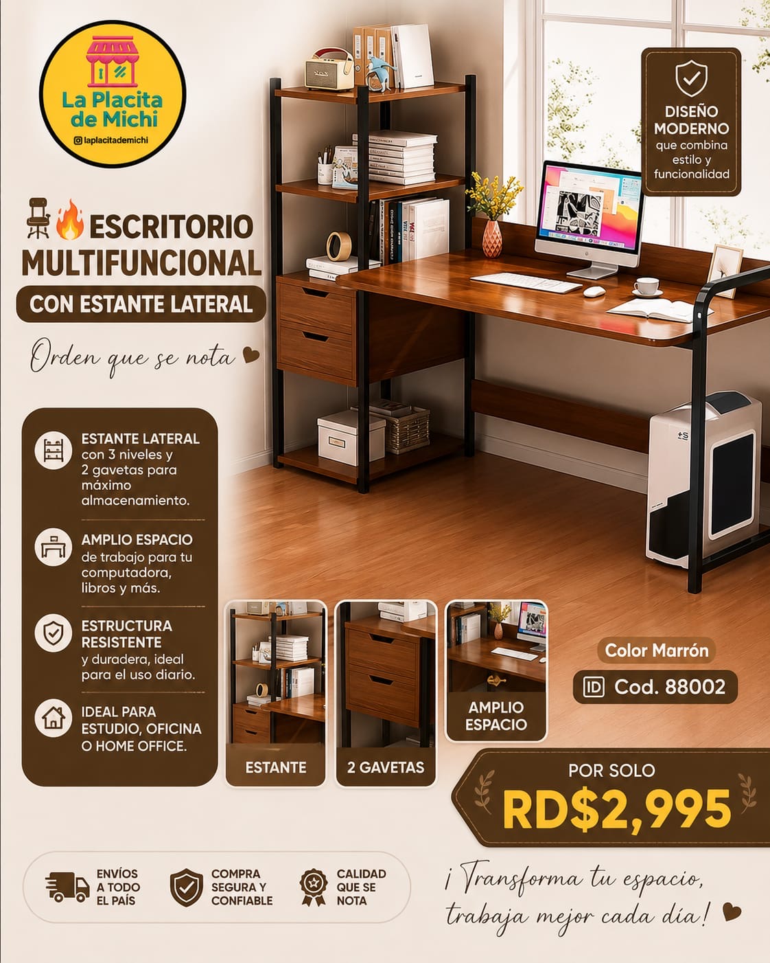 🪑🔥 ESCRITORIO MULTIFUNCIONAL CON ESTANTE LATERAL – ORDEN QUE SE NOTA 🔥🪑
Color Marrón | Cod. 88002

💰 RD$2,995