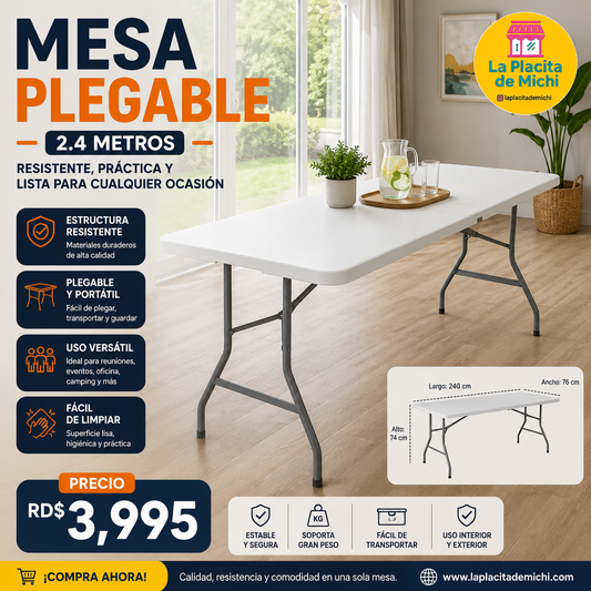 🪑 MESA PLEGABLE 2.4 METROS – RESISTENTE Y PRÁCTICA

💰 RD$3,995