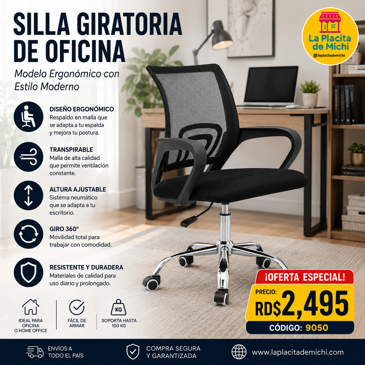 🪑 Silla Giratoria de Oficina (9050) – Modelo Ergonómico con Estilo Moderno
💰Precio: RD$2,495
