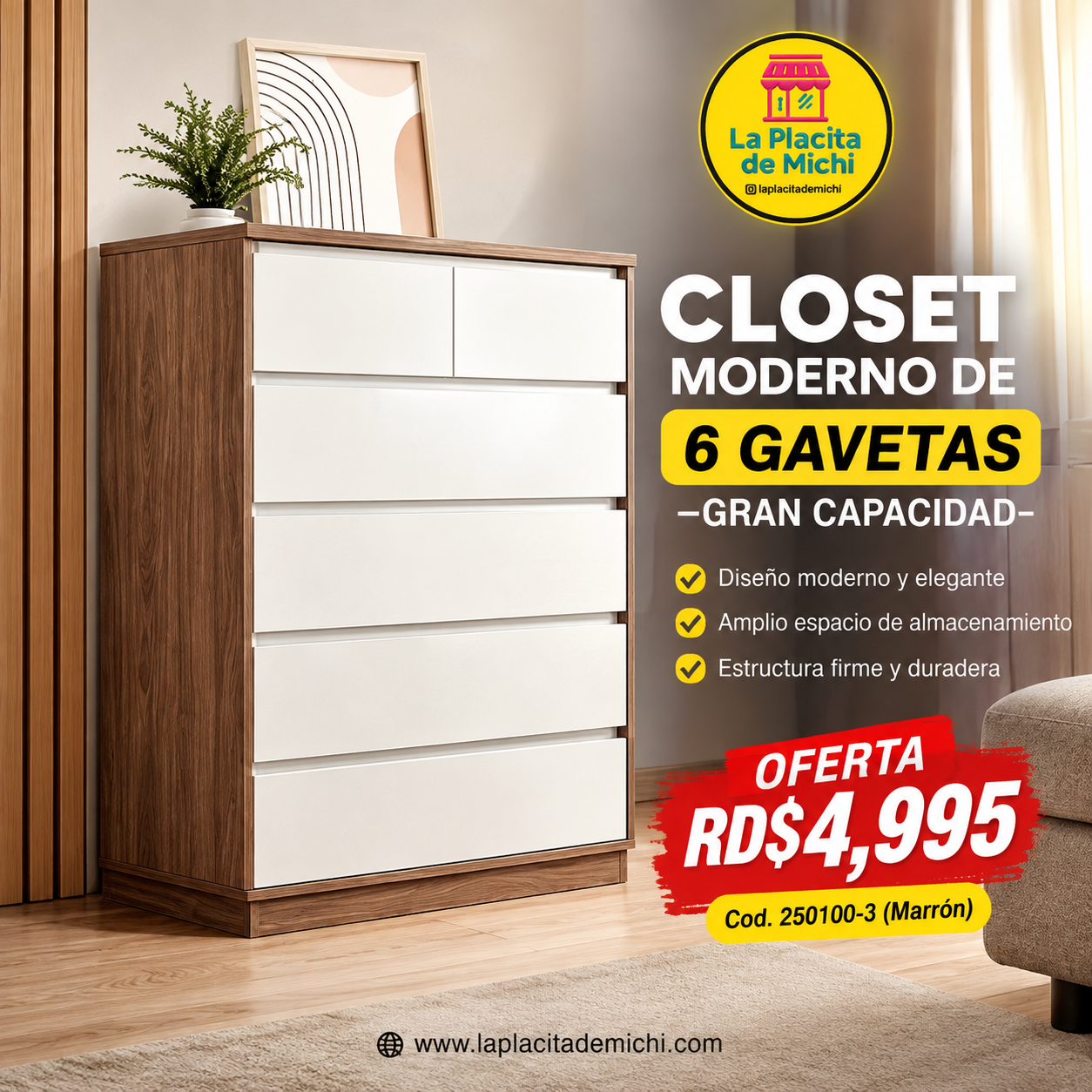 🗄️✨ CLOSET MODERNO DE 6 GAVETAS –GRAN CAPACIDAD ✨🗄️ 

🆔 Cod. 250100-3 (Marrón) 
💰 RD$4,995
