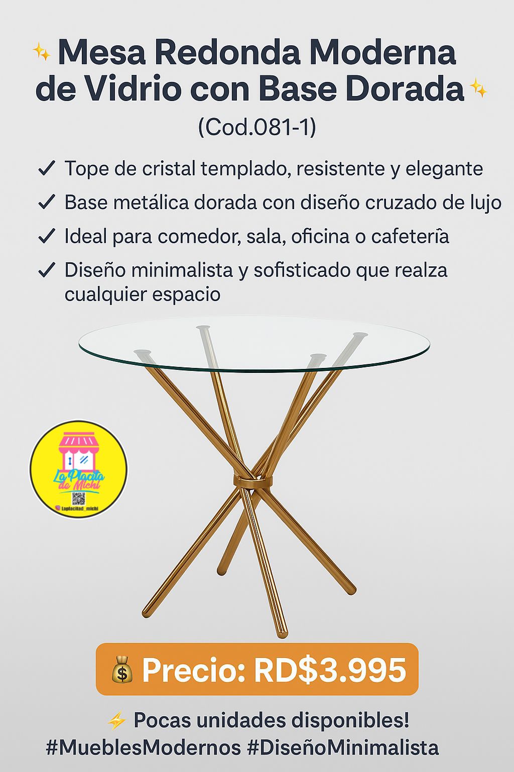 ✨ Mesa Redonda Moderna de Vidrio con Base Dorada ✨
(Cod.081-1)