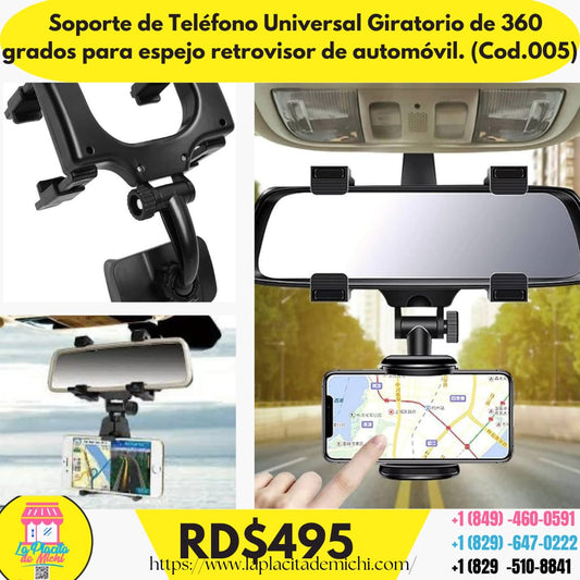 Soporte de Teléfono Universal Giratorio de 360 grados para espejo retrovisor de automóvil. (Cod.005)