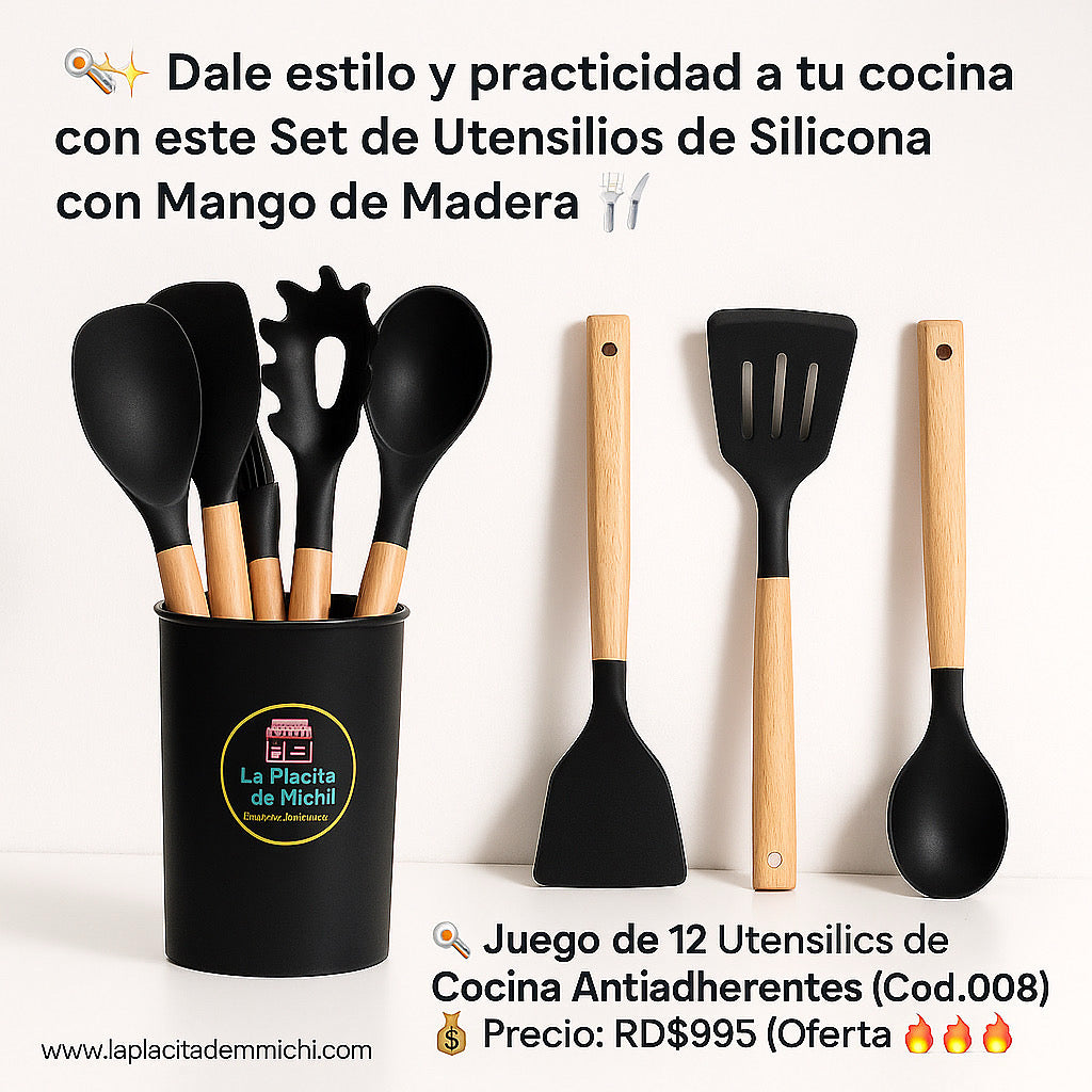 🍳✨ Dale estilo y practicidad a tu cocina con este Set de Utensilios de Silicona con Mango de Madera ✨🍴

🍳 Juego de 12 Utensilios de Cocina Antiadherentes (Cod.008)

💰 Precio: RD$995 (Oferta 🔥🔥🔥)