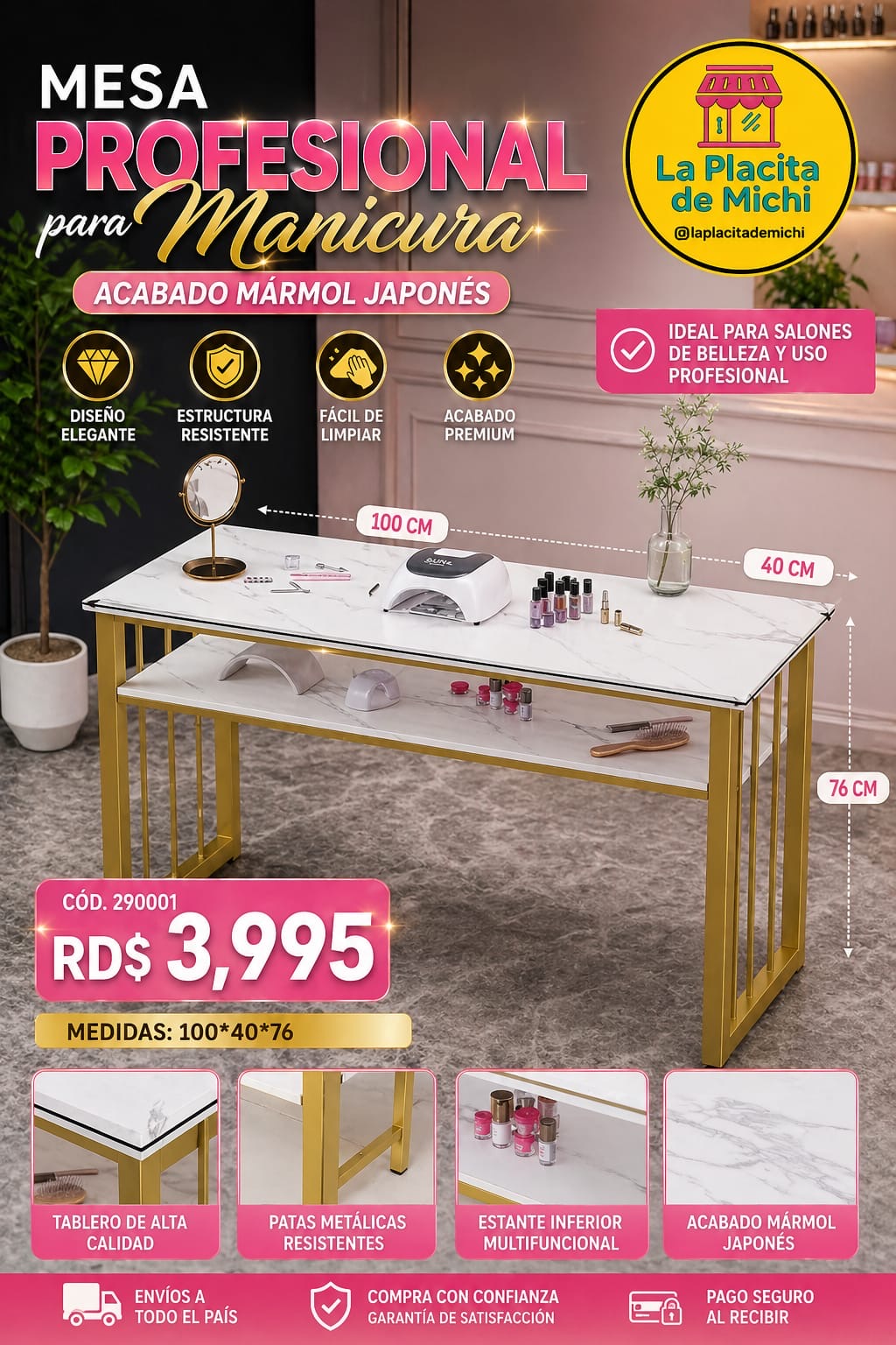 💅 MESA PROFESIONAL DE UÑAS PARA MANICURA – ACABADO MÁRMOL JAPONÉS
🆔 Cod. 290001

💰 RD$3,995

Medidas: 100*40*76