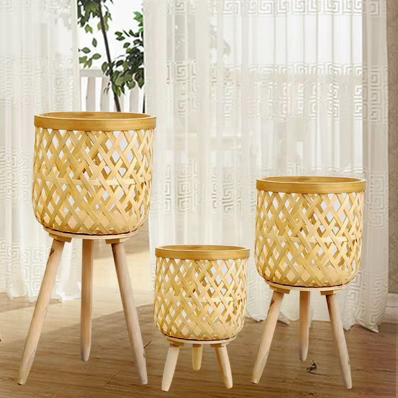 Maceta de madera de ratán Artificial para el hogar, soporte ajustable de Metal, macetas de cerámica y maceta de flores para jardín, interior. (Cod.06-4)