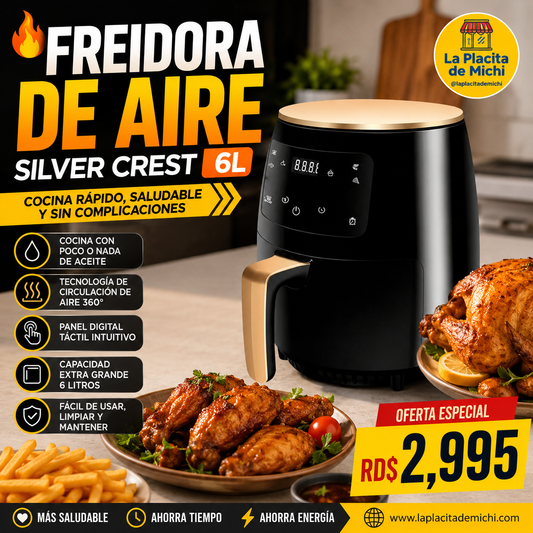 🔥🍟  FREIDORA DE AIRE SILVER CREST 6L 🍗🔥

✨ Cocina más saludable, rápida y sin aceite ✨
(Capacidad XL de 6L – 2400W)
