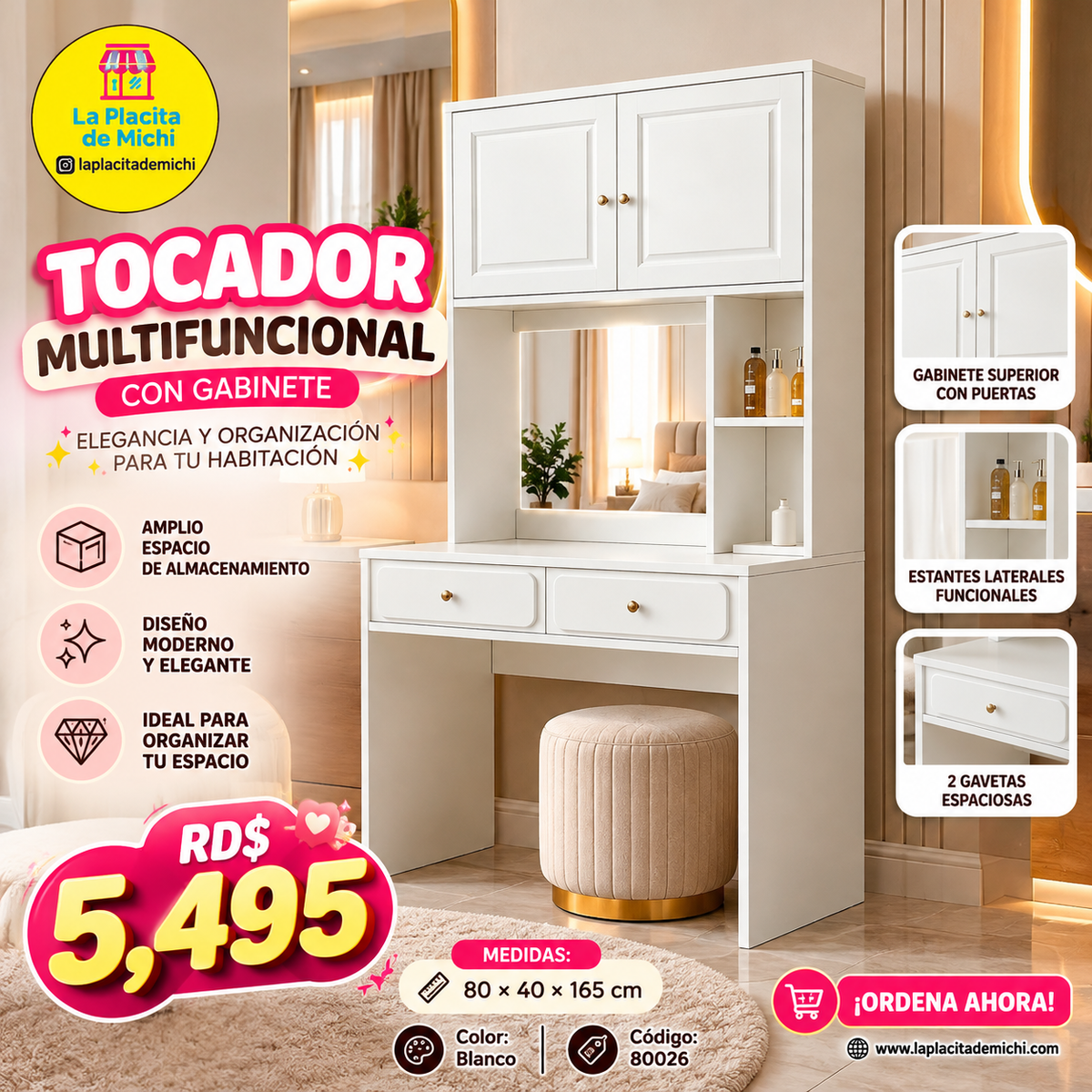 🤍✨ TOCADOR MULTIFUNCIONAL CON GABINETE – ELEGANCIA Y ORGANIZACIÓN PARA TU HABITACIÓN ✨💄

🆔 Código: 80026
🎨 Color: Blanco
📏 Medidas: 80 × 40 × 165 cm

💰RD$5,495