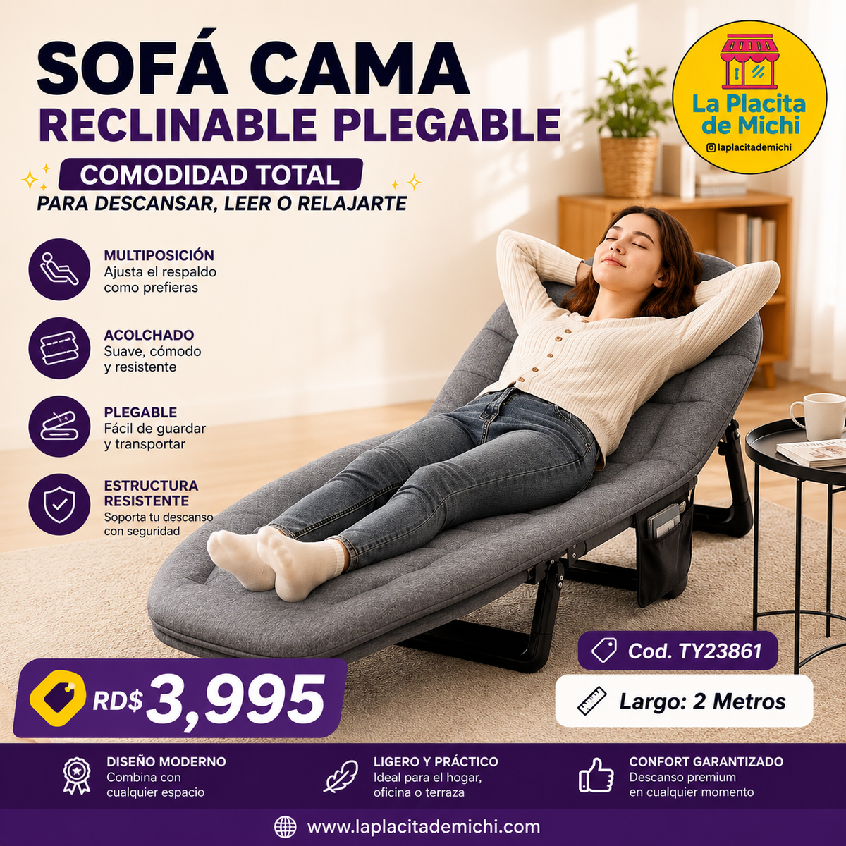 🛋️✨ SOFÁ CAMA RECLINABLE PLEGABLE – COMODIDAD TOTAL PARA DESCANSAR, LEER O RELAJARTE ✨🛋️

🆔 Cod. TY23861

📏 Largo: 2 Metros

💰 RD$3,995