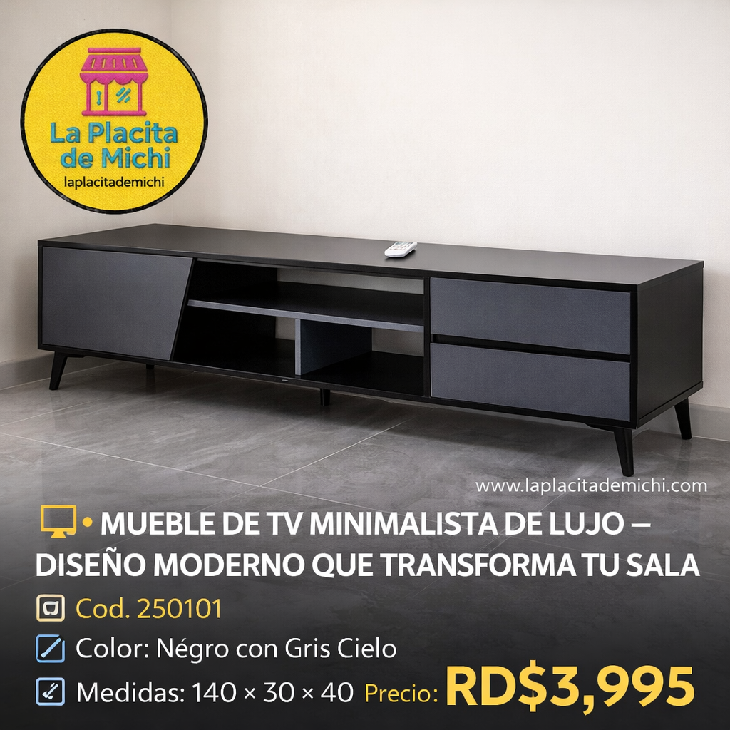📺✨ MUEBLE DE TV MINIMALISTA DE LUJO – DISEÑO MODERNO QUE TRANSFORMA TU SALA ✨📺
🆔 Cod. 250101 🎨 Color: Negro con Gris Cielo

💰 Precio: RD$3,995

🎨 Color: Negro con Gris Cielo
📏 Medidas: 140 × 30 × 40 cm