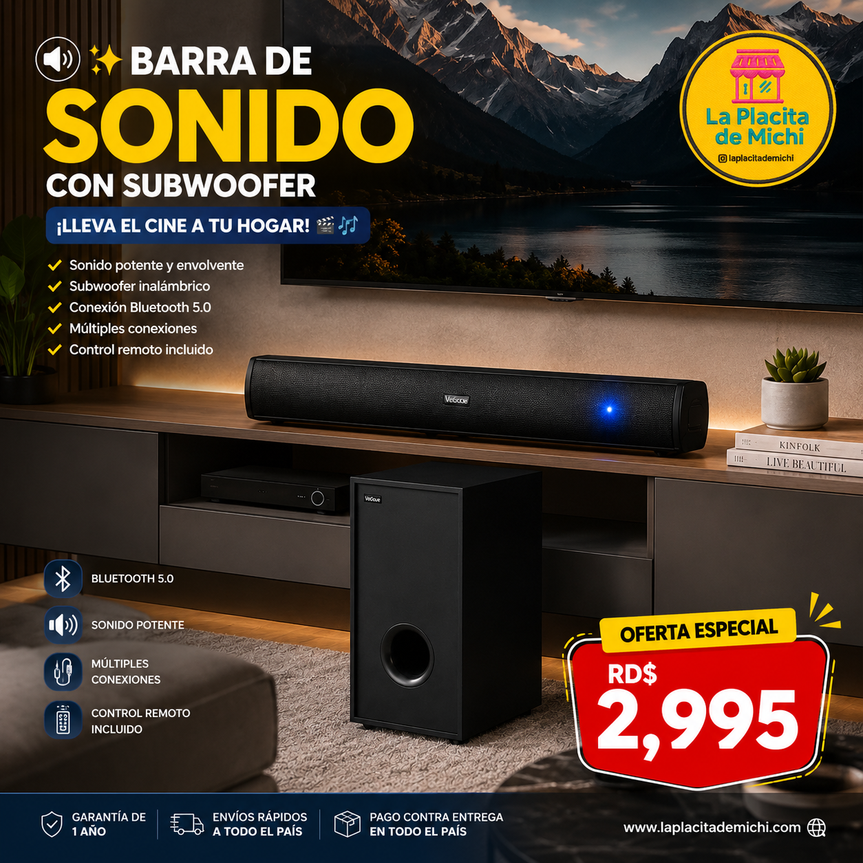 🔊✨ BARRA DE SONIDO CON SUBWOOFER – ¡LLEVA EL CINE A TU HOGAR! 🎬🎶 (Cod. 5111)

💰 RD$2,995