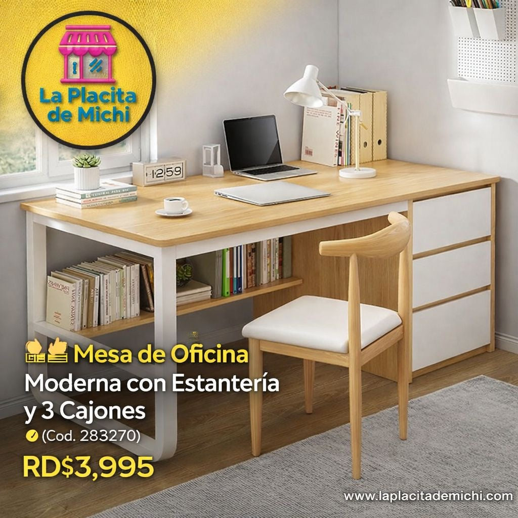🪑💼 Mesa de Oficina Moderna con Estantería y 3 Cajones 📌 (Cod. 283270)

💰 RD$3,995