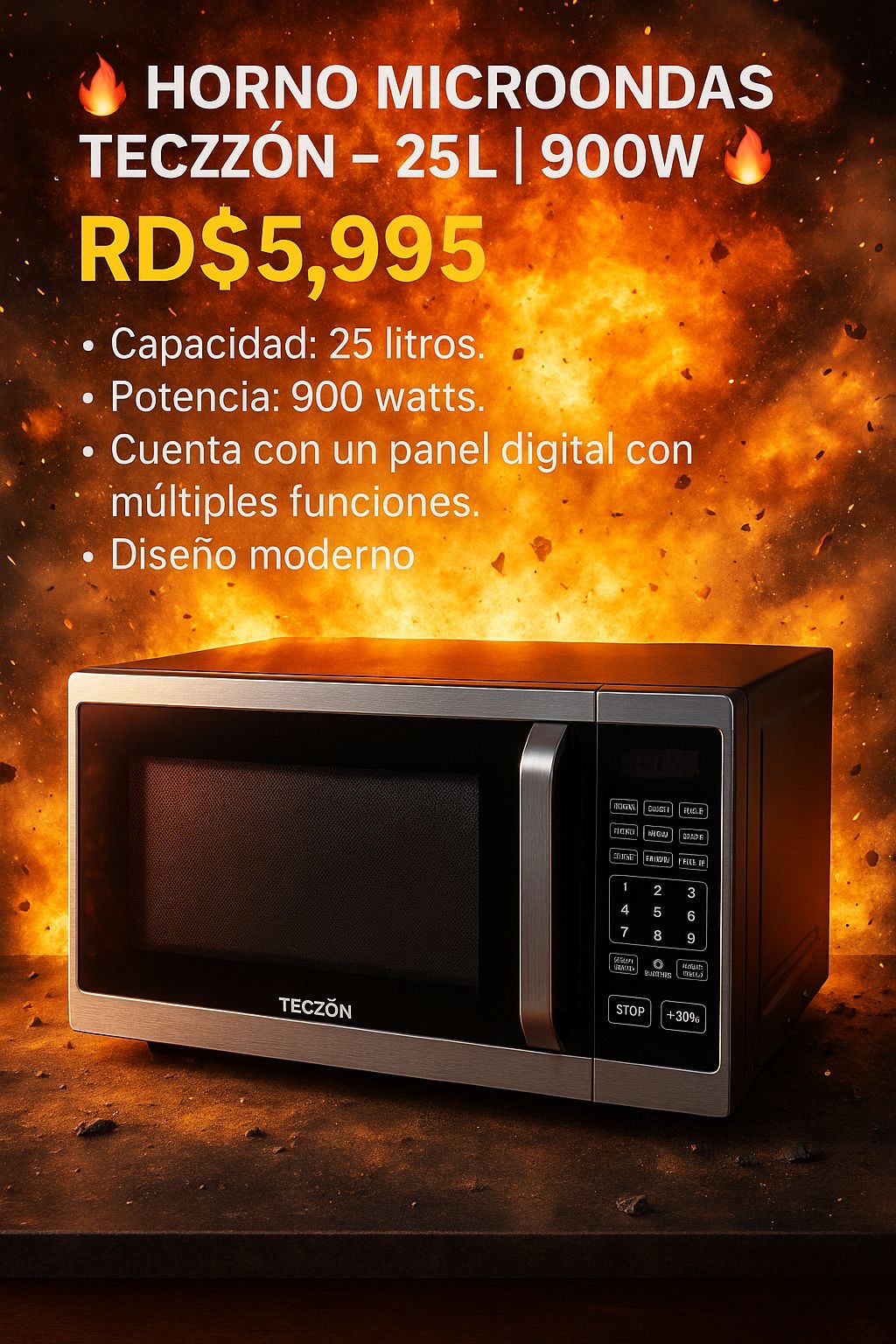 🔥 Horno Microondas TECZON – 25L | 900W 🔥 (Cod. 2501)

💰 RD$5,995